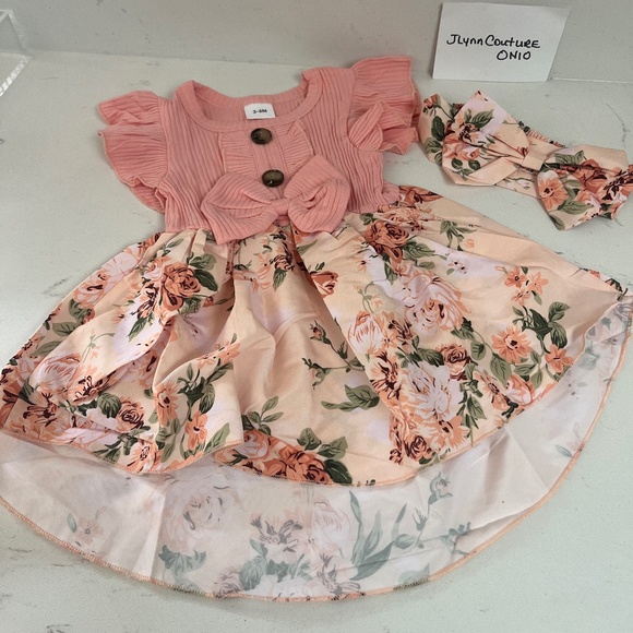 New Baby Girl Dress Peach & hair Bow 3-6 Month, Peach high low dress baby 2pc - Picture 1 of 2